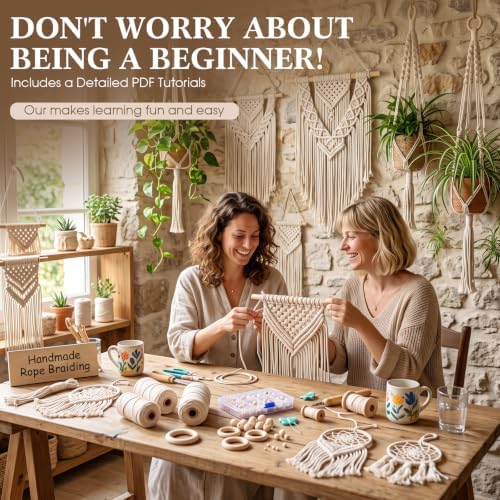 Rivvlive Macrame Kit for Adults Beginners 249 Pcs, 436yd 3mm Cotton Cord Wood Rings Dowels, Beads Needle Threader Gift Box & Digital Instruction Book for Bohemian Decor Craft Projects (Beige) - Image 2