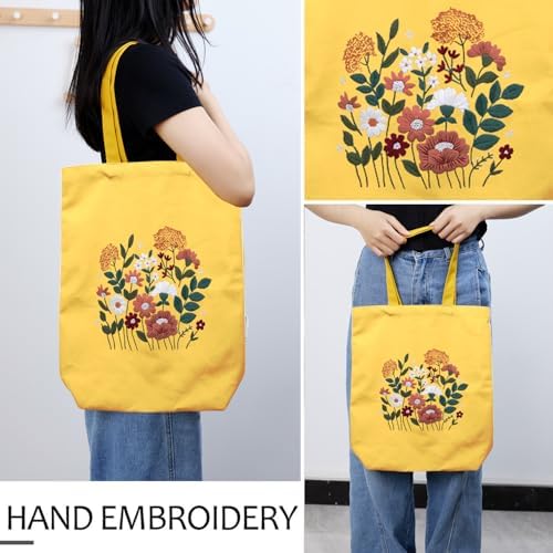 CREAWONDER Canvas Tote Bag Embroidery Kit with Pattern for Beginners, Arts and DIY Embroidery Crafts Kits for Adults, Include Instructions, Thimble, Embroidery Hoops, Color Threads and Tool - Image 2