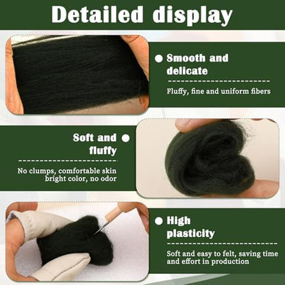 Mayboos 1.76oz Dark Green Natural Wool Roving, Needle Felting Wool - Image 3