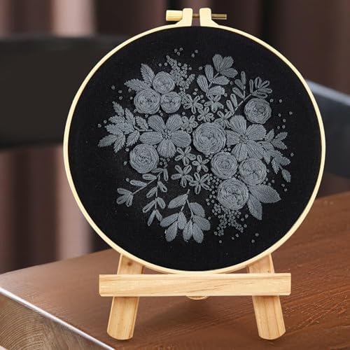 Crafmanoe Embroidery Kits for Beginners Adults, Black Flowers Embroidery Starter Kits, Counted Cross Stitch Kits for Beginners Adults Hobbies Set for Women, Embroidery Hoops, Thread and Video Tutorial - Image 3