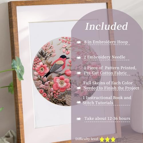 FONNUY Embroidery Kit for Beginners, Hummingbird Flowers Pre-Stamped Pattern Kits for Adults with Hoop, Easy to Follow Color Thread Needlework, 8''Hoop (Pink) - Image 2