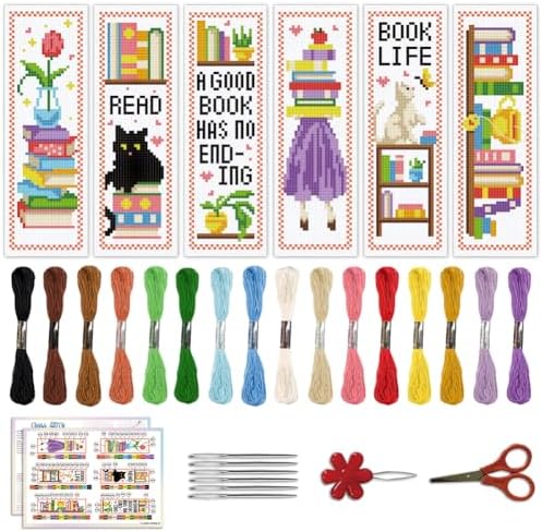ACRNIGHEET 6PCS Cross Stitch Bookmark Kit for Beginner Bookshelves Stamped Cross Stitch Kits for Adults DIY Embroidery Bookmark Kits Crossstitch Kits Adult with Instructions Hand Craft Gift 11CT by ACRNIGHEET