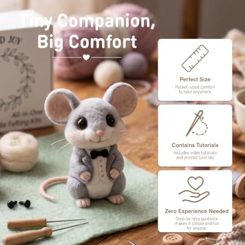 DIY Needle Felting Kit Cute Gentleman Mouse in Tuxedo – Needle Felting Starter Kit with Fiber Roving, Needles, Felting Pad & Instructions | Felted Character Animal Kit for Beginners Adults - Image 5