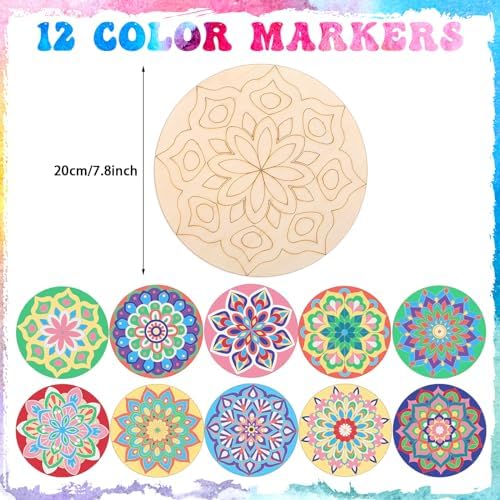 Vercraft 22 Pcs Wooden Mandala Painting Set 10 Cutouts 12 Markers, Stylish - Image 2