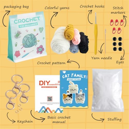 Linhao Jew Crochet Kit for Beginners – Cat Crochet Kit Keychain with Pre-Started Easy Yarn, Step-by-Step Video Tutorials for Adults DIY Crafts (Kitten) - Image 4