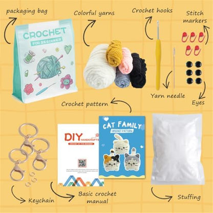 Linhao Jew Crochet Kit for Beginners – Cat Crochet Kit Keychain with Pre-Started Easy Yarn, Step-by-Step Video Tutorials for Adults DIY Crafts (Kitten) - Image 4