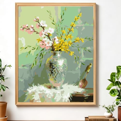 AIRDEA Flowers Paint by Numbers for Adults Beginner,Painting by Number Kits on Canvas,Frameless,16x20in DIY Acrylic Painting,Home Wall Decor,Peach Blossoms and Forsythia by AIRDEA
