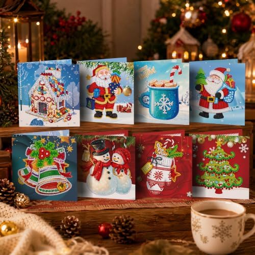 8PCS Merry Chrismas DIY Greeting Card Kits with Envelopes Diamond Art Greeting Cards Diamond Art Cards Kits for Adults DIY Crafts Family Friend Gifts - Image 2