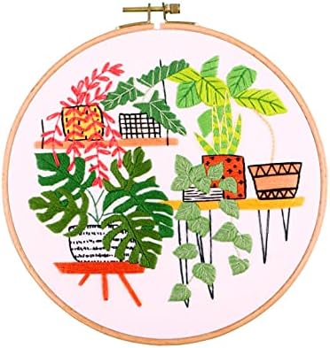 SUQUUB 3 Sets Embroidery Starter Kit with Pattern and Instructions,Cross Stitch Beginner Kits with Frame,3 Plastic Embroidery Hoops,3 Embroidery Clothes and Color Threads (3 X Plant Pattern)