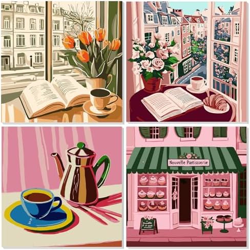 NAIMOER 4 Pack Coffee Bread Paint by Numbers Kits for Adults Beginner with Wooden Framed, Color by Numbers on Canvas Painting Kits for Adults, Easy Paint DIY Acrylic for Home Wall Decor 8X8 Inch by NAIMOER