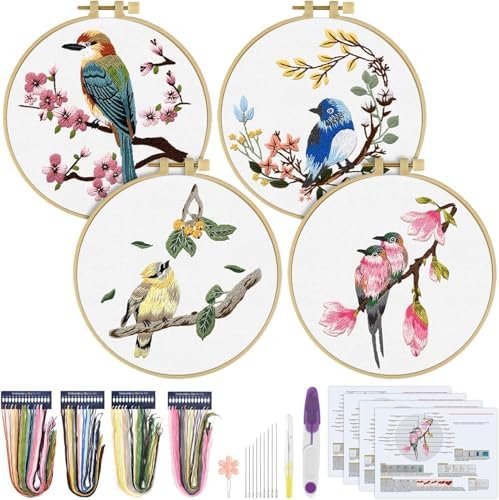 ERKOON 4 Sets Embroidery Kit for Beginners,Hummingbird and Flower Cross Stitch Set for Include Embroidery Cloth Hoops Threads for Craft Lover Hand Stitch (Flowers and Birds) by ERKOON