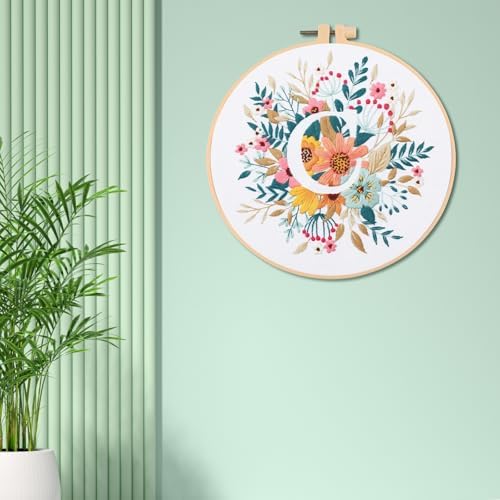 IUHUI Embroidery Kit for Beginners Adults - 26 Floral Letters Easy Patterns, DIY Hand Stitching Embroidery Set with Hoop (Flower and Grass Letter C) - Image 3
