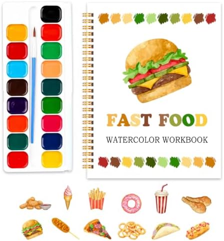 Fast Food Favorites Watercolor Workbook, 12 Patterns Watercolor Kit for Beginners, Step-by-Step Water Coloring Book, 18 Colors Watercolors Paint Set, Art Gift for Adults Teen by SHLINCO