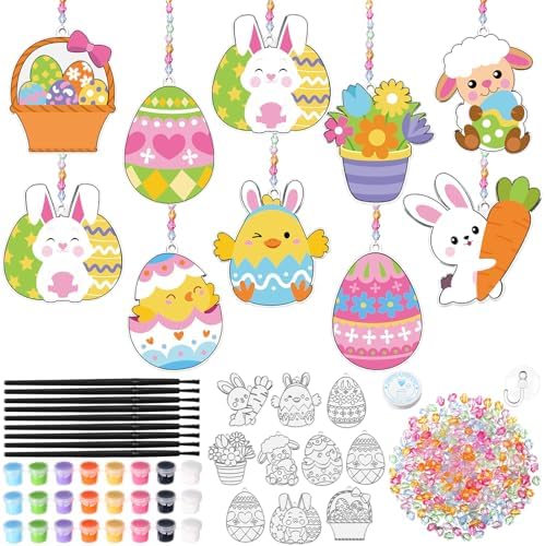 Dunzoom 30 Set Easter Craft Kit Suncatchers Kit Spring Easter Eggs DIY Suncatchers Craft Kit Make Your Own Suncatcher Paint Easter Bunny Sun Catcher Ornaments for Spring Art Craft Painting Activity by Dunzoom