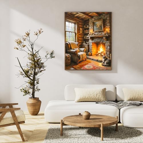 Paint by Numbers Kit for Adults, Cozy Fireplace & Rustic Cabin, 16x20 Inch - Image 3