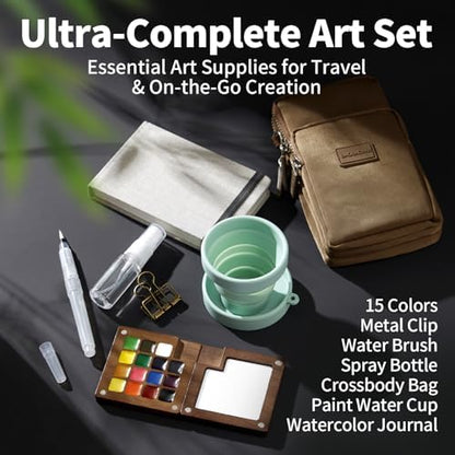 Mini Watercolor Paint Set, Travel Painting Kit with Walnut Wood Palette 15-Color, Crossbody Bag, Watercolor Journal, Metal Clip, Water Cup, Water Brush, for Artists, Beginners & Adults, Brown - Image 3