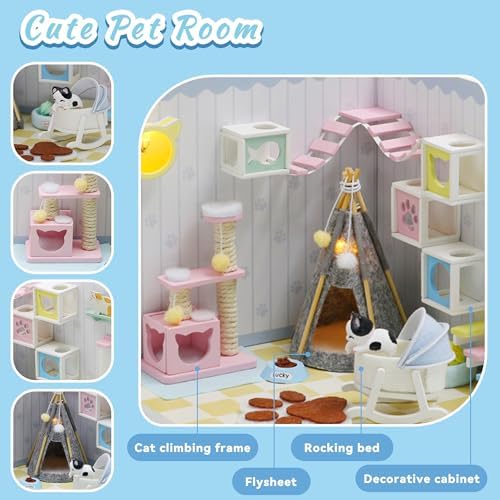 Kisoy Dollhouse Miniature with Furniture Kit, DIY 3D Wooden DIY House Kit A Corner of a Small Apartment Style with Dust Cover & LED,Handmade Tiny House Toys for Gift of Teens and Adults(Pet Room) - Image 3