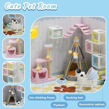 Kisoy Dollhouse Miniature with Furniture Kit, DIY 3D Wooden DIY House Kit A Corner of a Small Apartment Style with Dust Cover & LED,Handmade Tiny House Toys for Gift of Teens and Adults(Pet Room) - Image 3