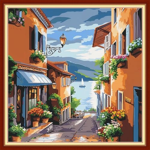 Joyhoor Cross Stitch Kits for Beginners Stamped Cross-Stitch Supplies Needlework preprint Embroidery Kits for Adults DIY Needlepoint Kit Embroidery Patterns 11CT-Seaside Street Scenery 18x18 inch by JoyhoorCrossStitchKits