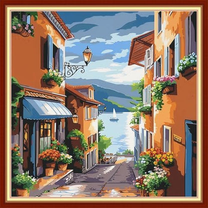 Joyhoor Cross Stitch Kits for Beginners Stamped Cross-Stitch Supplies Needlework preprint Embroidery Kits for Adults DIY Needlepoint Kit Embroidery Patterns 11CT-Seaside Street Scenery 18x18 inch by JoyhoorCrossStitchKits