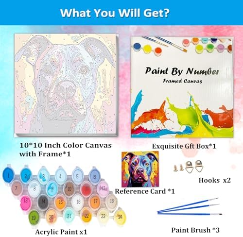 Artunion Framed Paint by Numbers Kit for Adults Beginners & Kids Ages 8-12,Colorful Pitbull Dog Paint by Number with Frame,Dog Animal Paint by Numbers Kit on Canvas 10 * 10 Inch Without Easel - Image 4