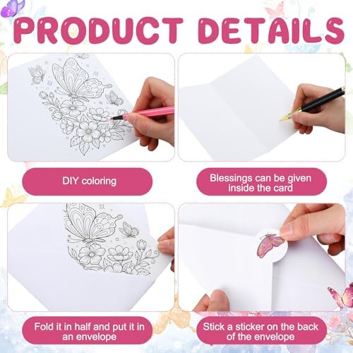 Gueevin 24pcs Butterfly Coloring Greeting Cards with Envelopes and Stickers Butterfly Color Your Own Postcards 4 x 6 Flower Thank You Note Cards for Adults Wedding Birthday Gifting DIY Crafts Mailing - Image 3