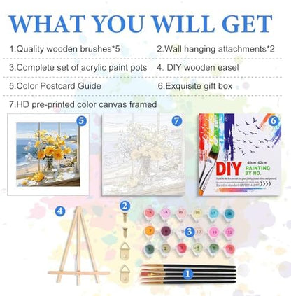 PRASIO Framed Paint by Numbers Kit for Adults Beginner with Easel, Flowers Adult Paint by Number Kits on Canvas Framed, DIY Acrylic Watercolor Oil Paint by Number with Frame for Home Decor 16x16 Inch - Image 4