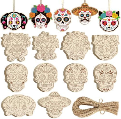 80PCS Wooden Day of The Dead Skull Ornaments to Paint Dia De Los Muertos Decorations Crafts for Kids, Halloween Decorations DIY Blank Sugar Skull Unfinished Mexican Fiesta Cutouts for Party Hanging by Sophena