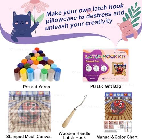 veirousa Latch Hook Kits for Adults, DIY Bowling Ball Pillow & Rug Craft Kit for Beginners, Sport-Themed Handmade Yarn Art, Relaxing Home Sofa Decor Gift 17x17 Inch - Image 3