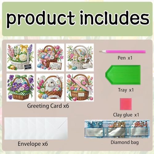 6Pcs Easter Greeting Card DIY Diamond Art Painting Greeting Cards Special Shaped Diamond Blessing Folding Card Kit Arts Crafts for Holiday Festival-Flower Baskets - Image 7