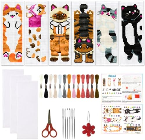 ORIGACH 6 Set Vivid Cute Cat Cross Stitch Bookmark Kit for Beginner by ORIGACH