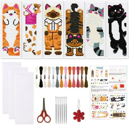 ORIGACH 6 Set Vivid Cute Cat Cross Stitch Bookmark Kit for Beginner by ORIGACH