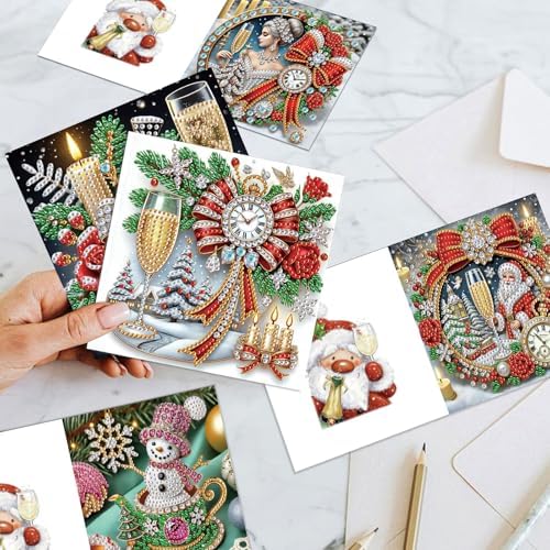 6pcs Christmas Diamond Painting Greeting Card with envelopes, DIY Santa Claus and champagne Diamond Art Greeting Card for Blessing and Wish Special Shaped Arts Crafts for Birthday Thanksgiving Day - Image 6