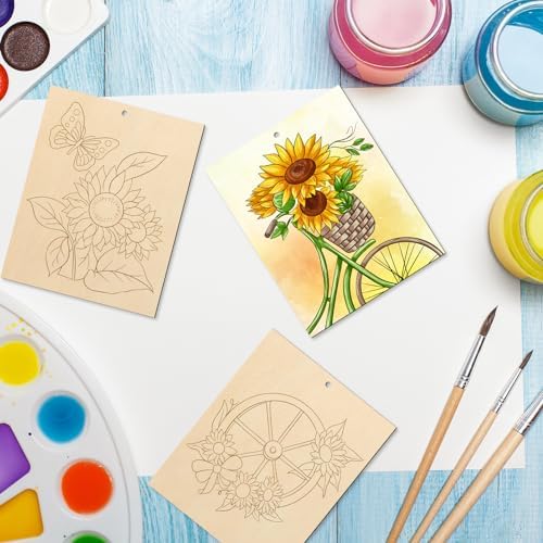 COCHIE 10 Pieces Large Sunflowers Unfinished Wood Crafts to Paint for Adults, Bulk Predrilled Wooden Ornaments for Painting, Summer Sunflower Paintable Wood Slices Craft Supplies with Ropes - Image 7