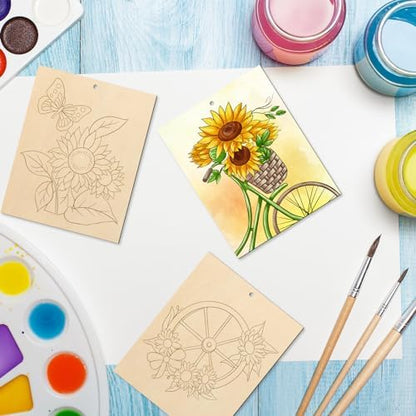 COCHIE 10 Pieces Large Sunflowers Unfinished Wood Crafts to Paint for Adults, Bulk Predrilled Wooden Ornaments for Painting, Summer Sunflower Paintable Wood Slices Craft Supplies with Ropes - Image 7