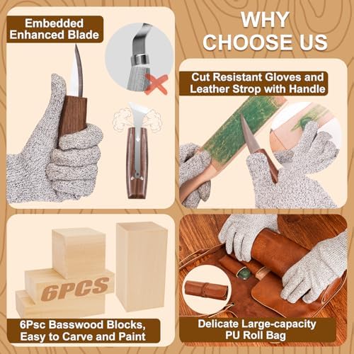 Wood Carving Kit, 46Pcs Wood Carving Tools with 6pcs Whittling Knives & 5pcs Detail Knives &12 Color Paint Set & Beewax, Whittling Kit for Beginners and Enthusiasts - Image 6