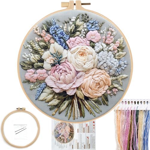 FONNUY Bouquet Flowers Embroidery Kit for Beginners, Pre-Stamped Pattern Kits for Adults with Hoop, Easy to Follow Color Thread Needlework, 8'' Hoop (Heartwarming) by FONNUY