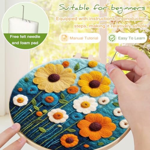 EUBUY Needle Felting Starter Kit, Felt Painting Kit for Beginners Wool Needle Felt Set with Felt Needle, Picture Frame, Foam Pad, Felt Cloth, Instructions - Image 6