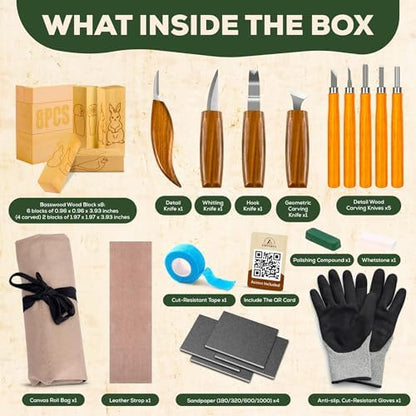 Wood Carving Kit – 29Pcs Whittling Knife Set with 9 Knives, Basswood Blocks w/Carved Guides, Safety Gloves, Whetstone, Stropping Leather & Roll Bag – AMPARIA Premium Tools for Beginner & Professional - Image 2