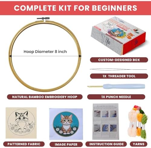 Eflin Punch Needle Kits Adults Beginner - Needlepoint Kits for Adults, Cute Cat & Daisy Pattern, Natural Bamboo Hoop, Yarns, Tools, Craft Kits for Beginners, Rare Gift for Crafts, Decors, Festivals - Image 2