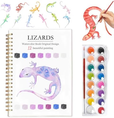 Easy Watercolor Workbook for Beginners - 12 Beautiful Step-by-Step Paintings Water Coloring Book, Includes 16 Colors Paints, Relaxing Art Projects and Creative Gift for Adults & Teen (Lizards) by Yangmics+Direct