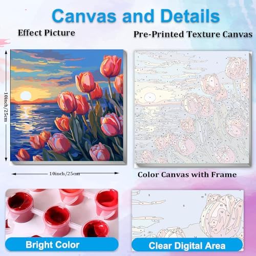 Artunion Framed Paint by Numbers Kit for Adults Beginners & Kids Ages 8-12,Sunset Tulip Flower Paint by Number with Frame,Floral Paint by Numbers Kit on Canvas 10 * 10 Inch Without Easel - Image 3