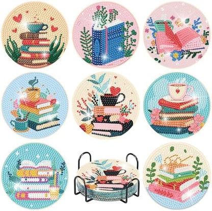 8 Pcs Book Diamond Art Coasters Kit for Adults, Book Lovers Wooden Coffee Diamond Painting Coasters with Holder, 5D Gem Art Dots Painting Coaster with Cork Pads - Crafts Supplies for Home Decor by Fotasmua