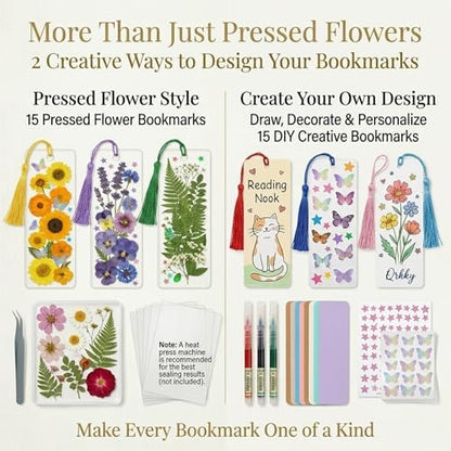 Pressed Flower Bookmark Kit, Make Your Own Clear Dried Flower Bookmarks DIY with 30 PET Sleeves, Tassels, Gift Bags and Sealing Tool. Craft Party Kit for Adults & Gifts for Book Lovers - Image 4
