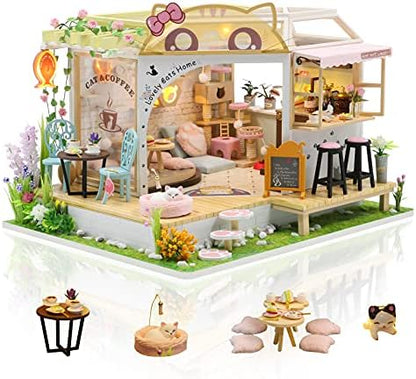 GuDoQi DIY Miniature Dollhouse Kit, Tiny House Kit with Music, 1:24 Scale, Handmade Crafts Gift for Christmas Day Birthday, Lovely Cats' Coffee Shop by GuDoQi