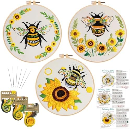 Nuberlic 3 Pack Embroidery Kit for Beginners with Bee Pattern by Nuberlic