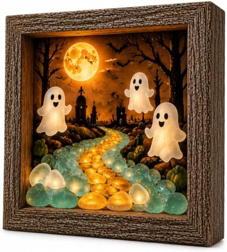 DIY Halloween Shadow Box Night Light Kit, 8.5 Inch Wooden Frame LED Craft Set with Luminous Stones & Acrylic Panels, Create Your Own Spooky Ghost & Pumpkin Scene, Fall Autumn Tabletop Home Decor by Unknown