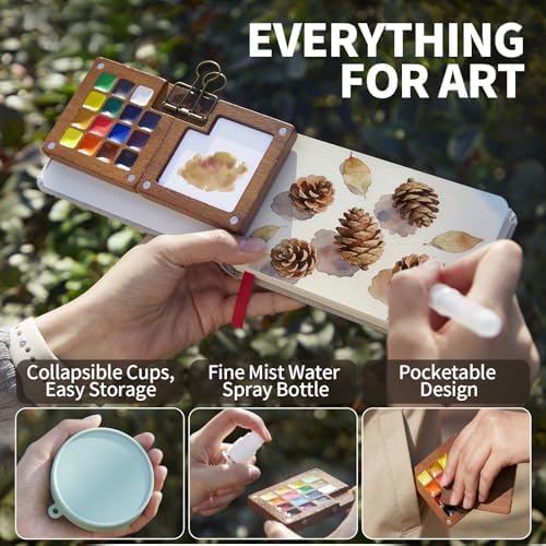 Mini Watercolor Paint Set, Travel Painting Kit with Walnut Wood Palette 15-Color, Crossbody Bag, Watercolor Journal, Metal Clip, Water Cup, Water Brush, for Artists, Beginners & Adults, Brown - Image 6