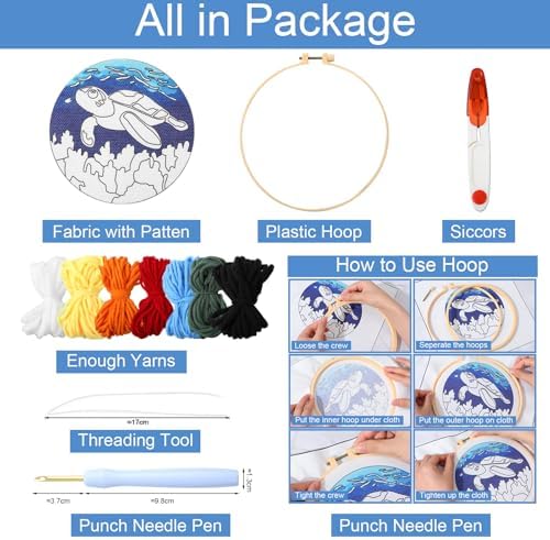 SmoothNovelty Turtles DIY Punch Needle Kits for Beginners with Hoop Embroidery Fabric Instructions Thread Punch Needle Craft Set Easy for Starter Adults and Children Gift Decoration, 20x20cm-4 - Image 2