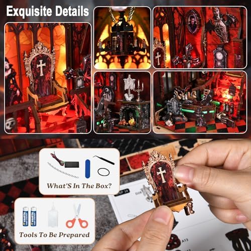ACOCO Book Nook Kit with LED Light – DIY 3D Wooden Puzzle Miniature Dollhouse Kit, Gothic Book Nook, Bookshelf Decor Craft Gift for Adults, Teens & Book Lovers - Image 4